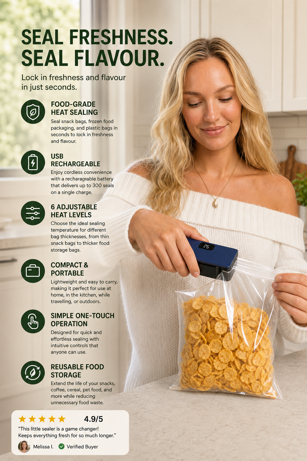 Woman using the Mini Bag Sealer to seal a snack bag