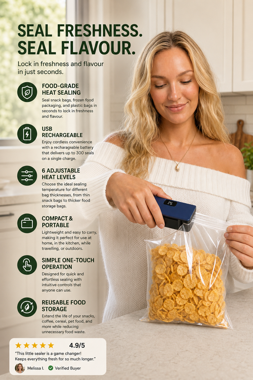 Woman using the Mini Bag Sealer to seal a snack bag