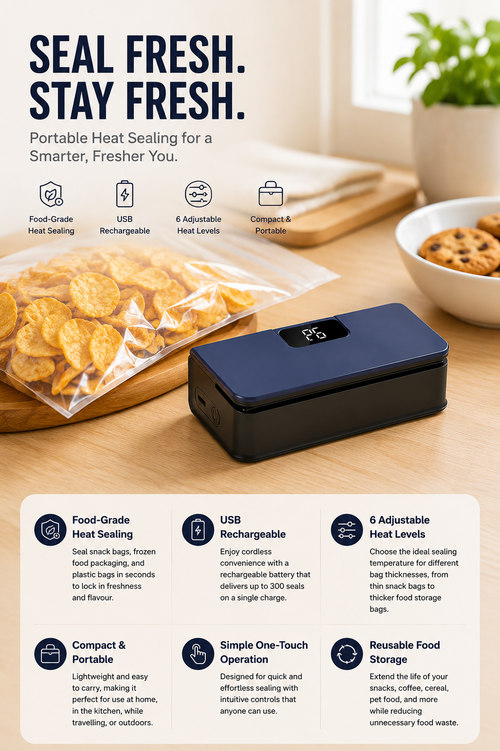 Mini Bag Sealer key features: food-grade heat sealing, USB rechargeable, 6 heat levels, compact