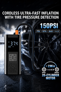 Woman using the Air Compressor & Jump Starter on her car at night
