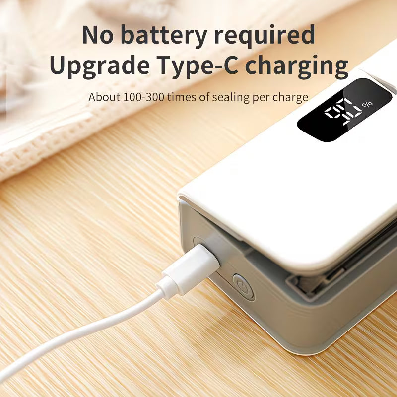 No battery required, Type-C rechargeable, up to 300 seals per charge